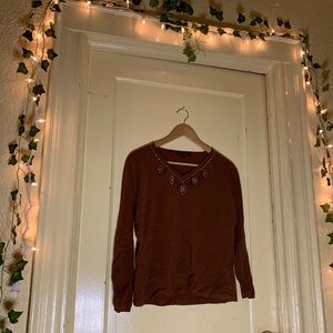 Chocolate Beaded Neckline Top